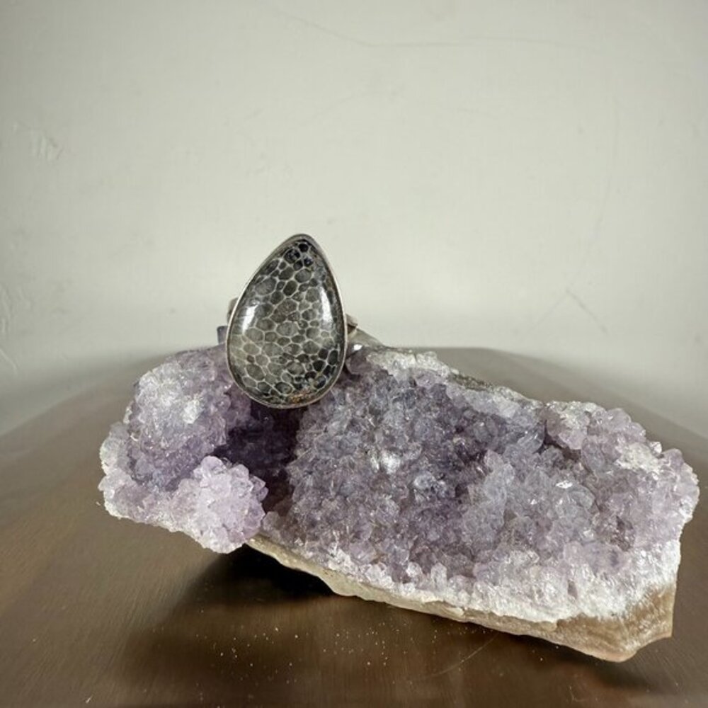Fossil Coral Gemstone Gray Teardrop Handmade Silver Ring Artisan Jewelry Size 7